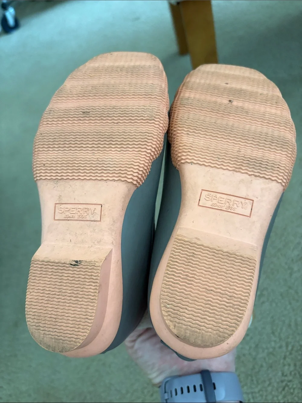 Sperry Kids Gray Duck Boots with Pink Trim and Tan Laces